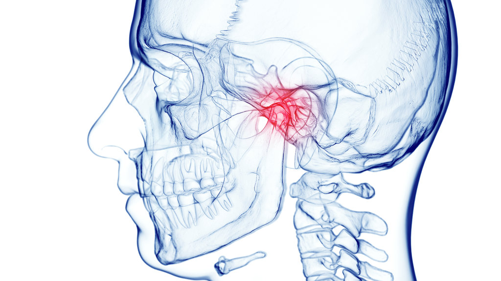 3d rendered medical illustration of male anatomy - skull and cervical spine. jaw pain. plain white background. professional studio lighting.